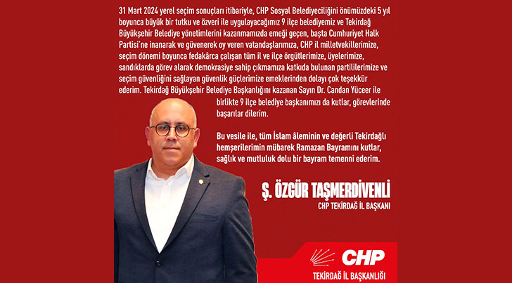 TEŞEKKÜR MESAJI 31 Mart 2024 yerel seçim sonuçları itibariyle, CHP
