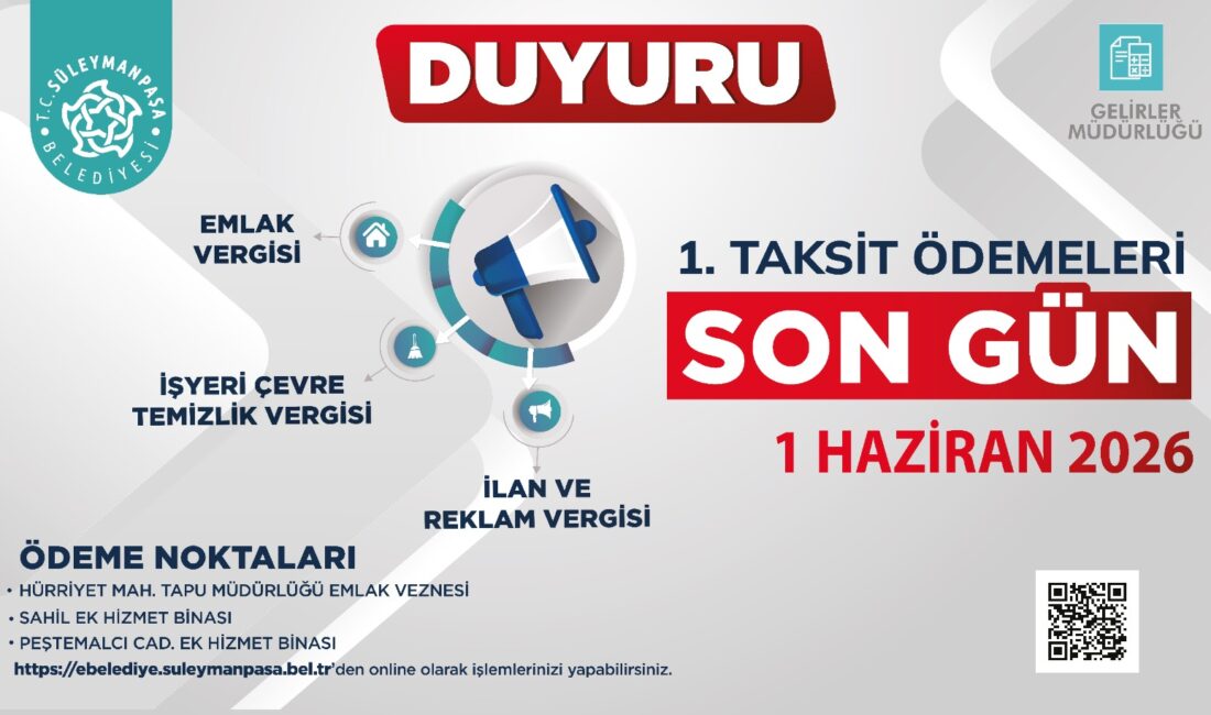 Süleymanpaşa Belediyesi, her yıl iki eşit taksitte tahsil edilen Emlak,