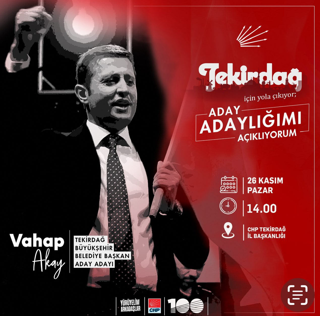 Tekirdağ Büyükşehir Belediye Başkanlığı için Aday Adaylığını 26 Kasım Pazar